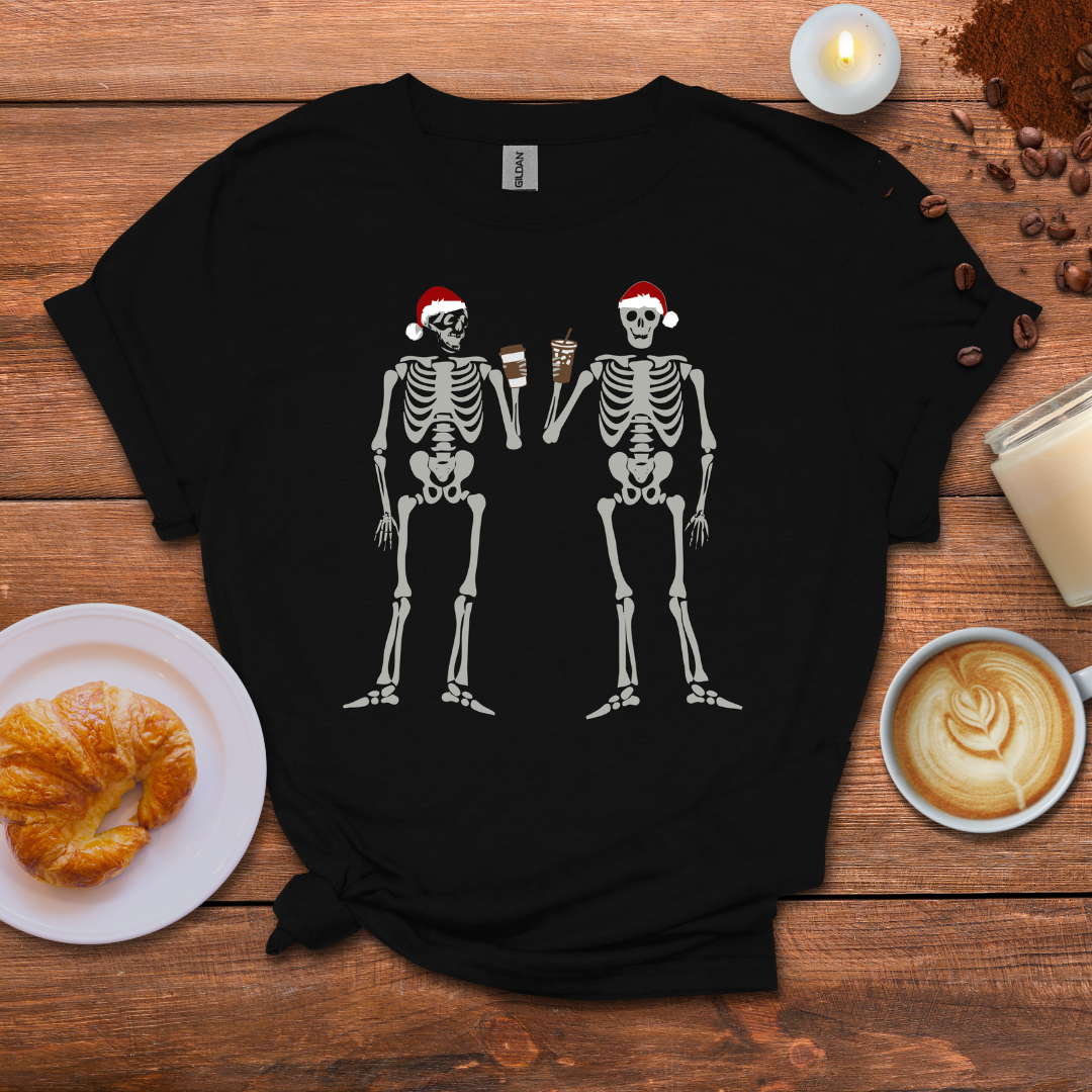 2 skeleton guys with coffee T-shirt