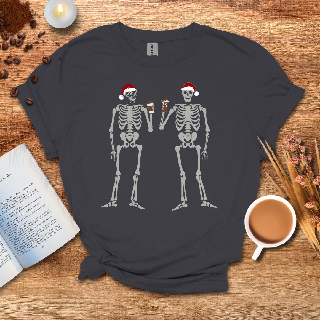 2 skeleton guys with coffee T-shirt