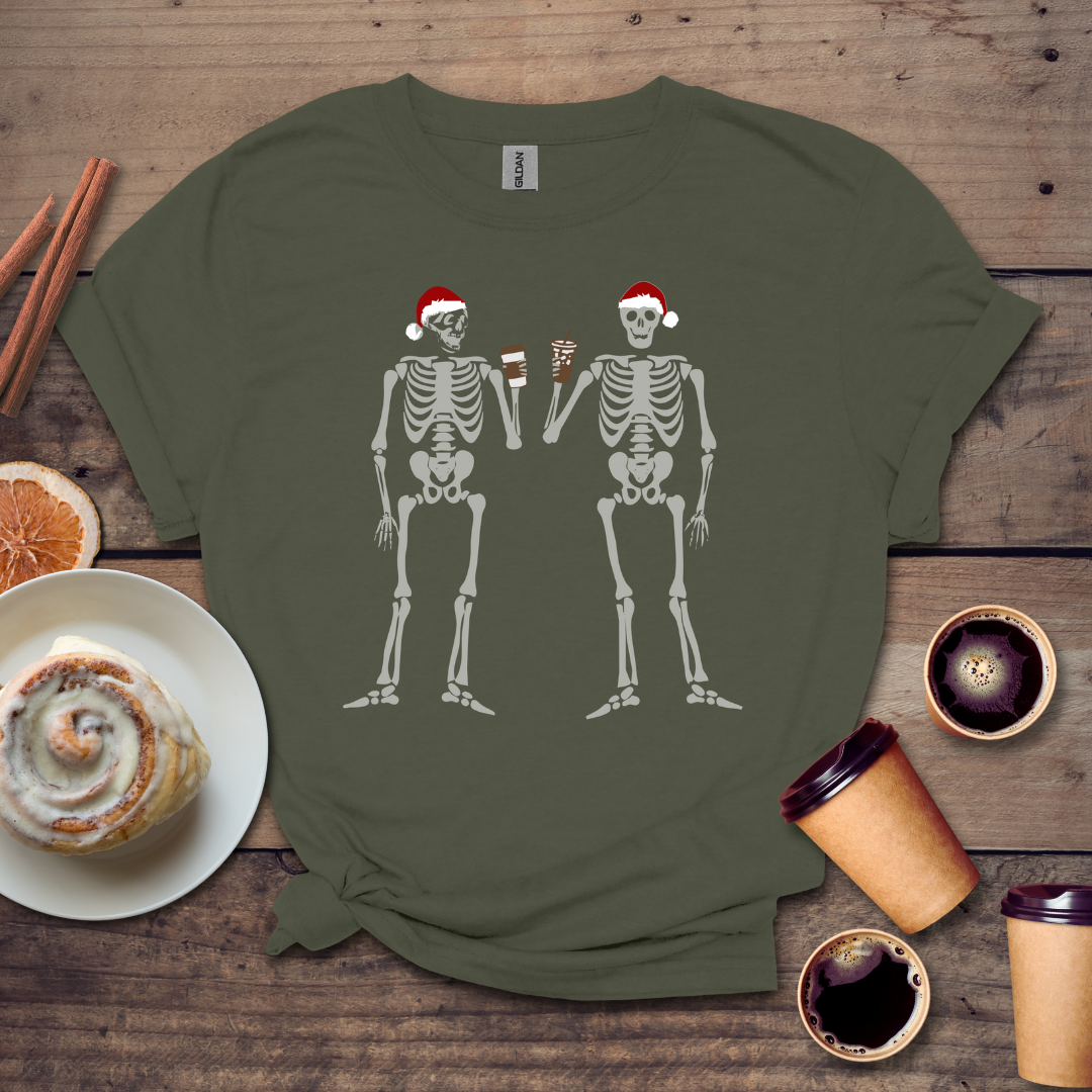 2 skeleton guys with coffee T-shirt