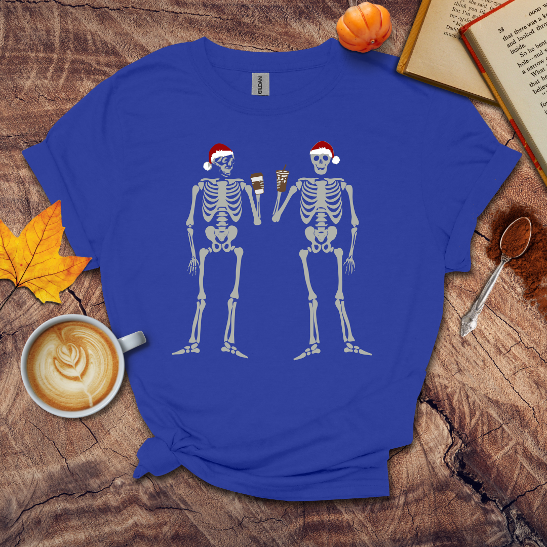 2 skeleton guys with coffee T-shirt