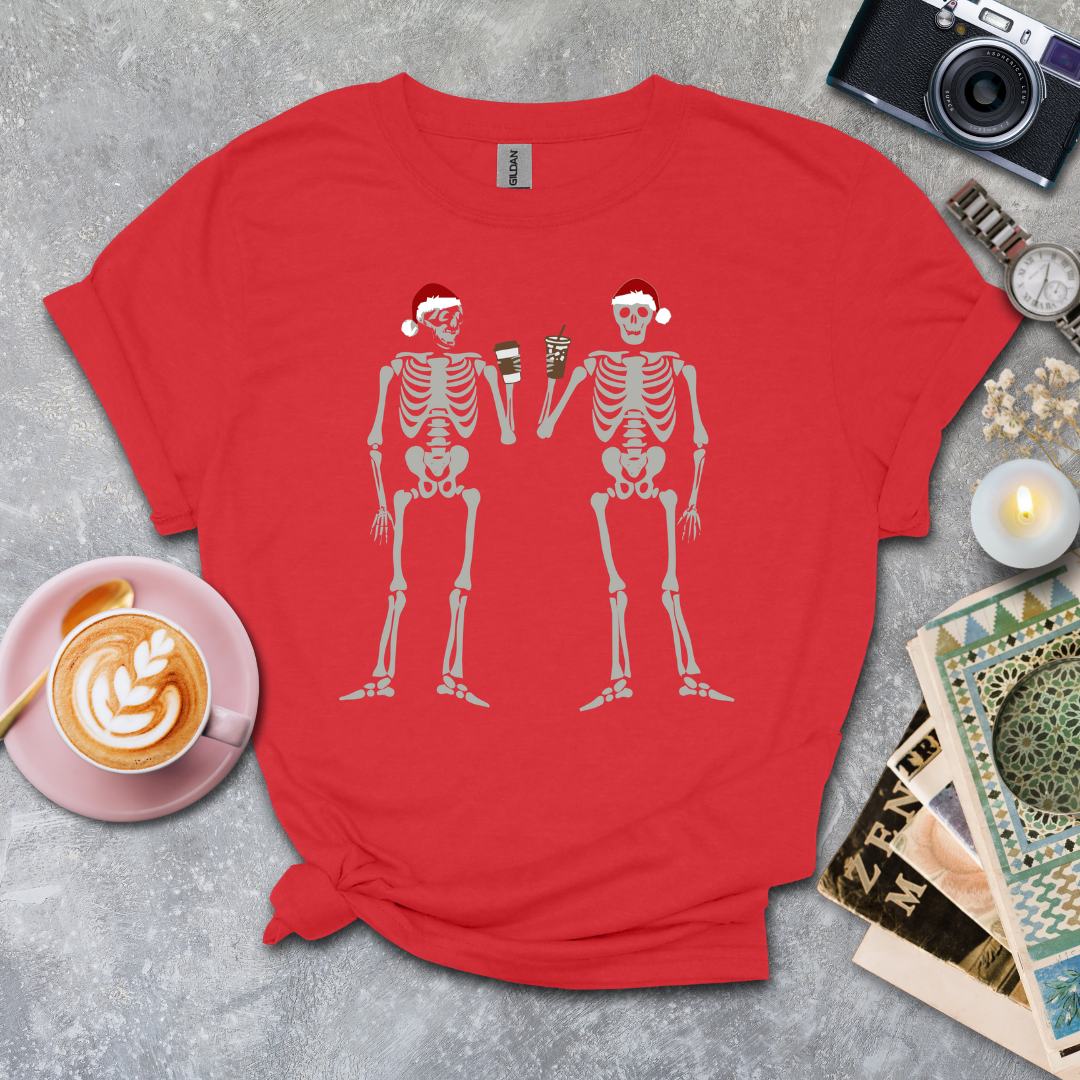 2 skeleton guys with coffee T-shirt