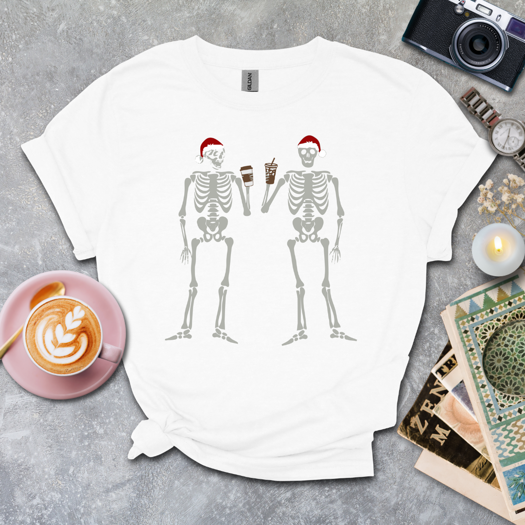 2 skeleton guys with coffee T-shirt